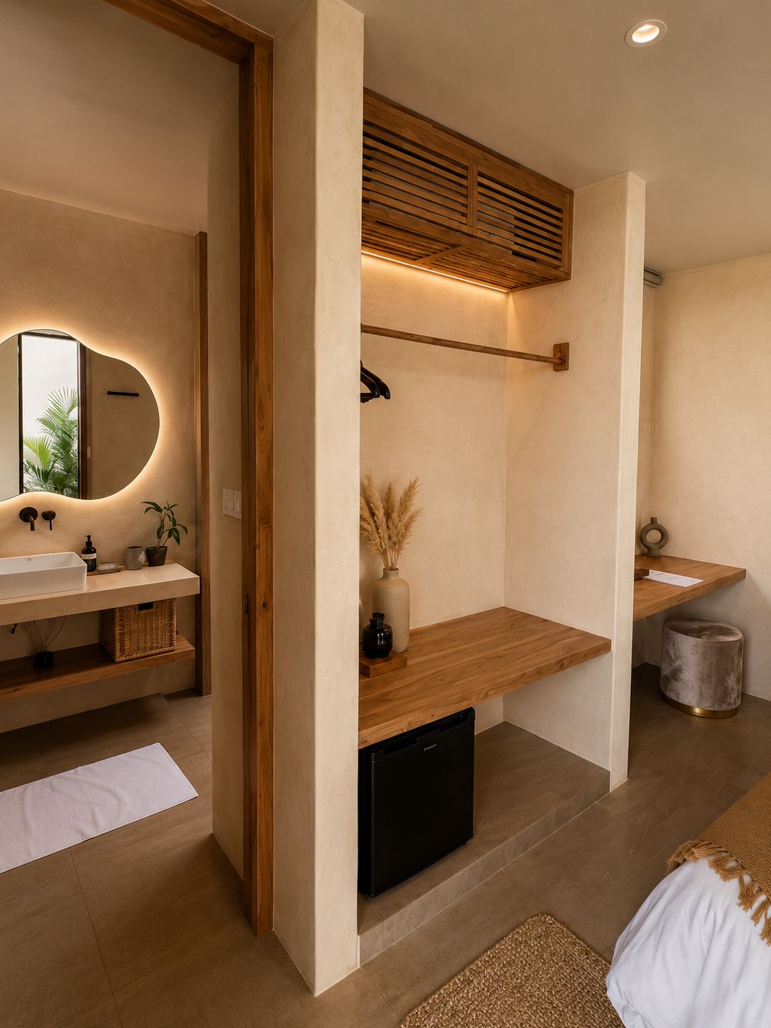 A modern bathroom with a wooden vanity, a large mirror, and a built-in heater.