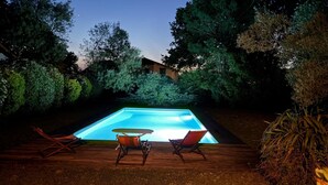 Piscina rectangular con muelle de madera, rodeada de árboles y arbustos.