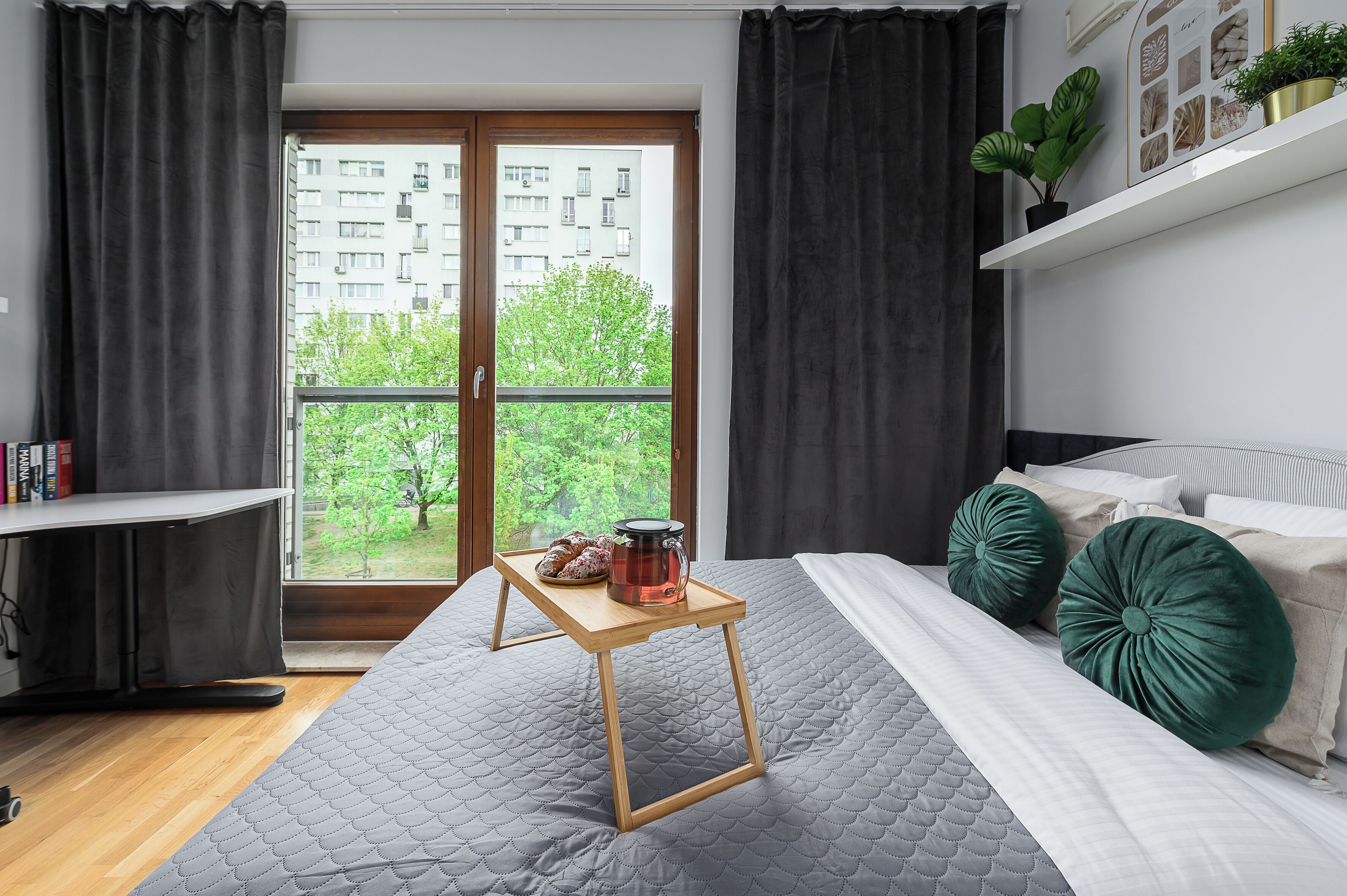 Premium bedding, individually furnished, blackout curtains