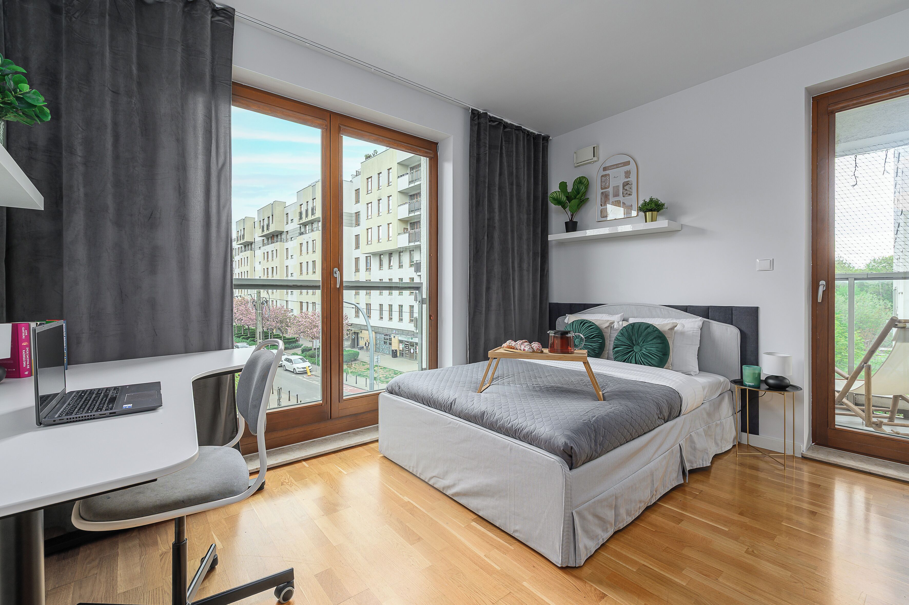 Premium bedding, individually furnished, blackout curtains