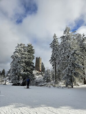 A snow-covered landscape with a tower and trees.