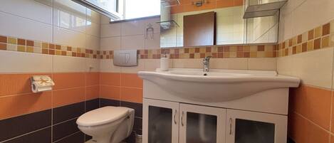 A bathroom with a toilet, sink, and cabinets.