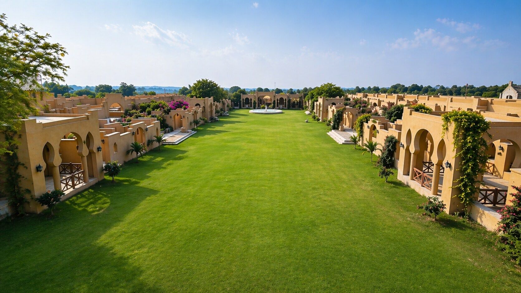 A courtyard with a central lawn, surrounded by buildings with arches and a fountain.