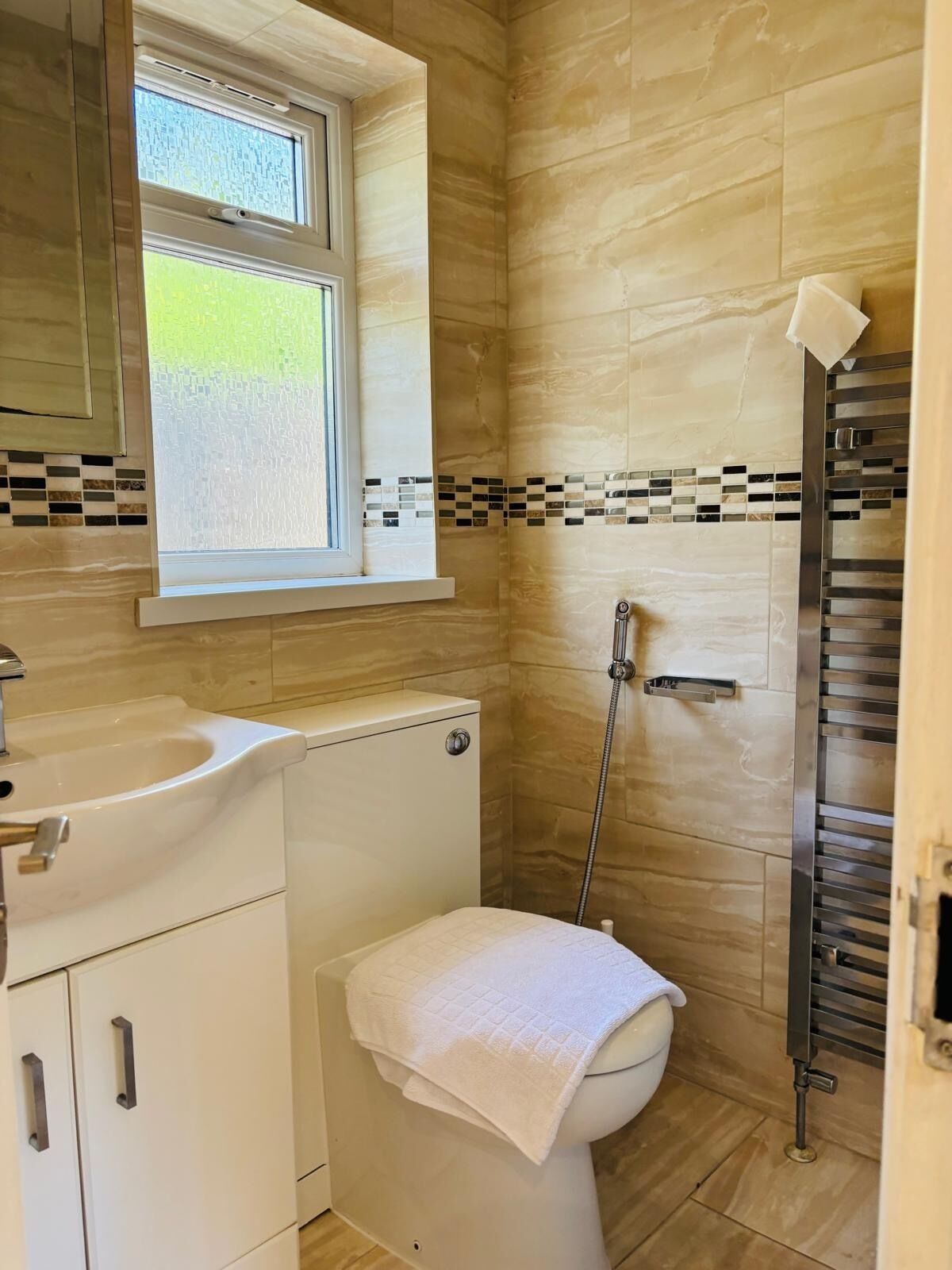 Shower, towels, toilet paper