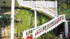 A white staircase leading up to a second floor, surrounded by greenery and potted plants. - Winterbourne Chalet 3-bedroom villa in pleasant Coonoor getaway (Coonoor)