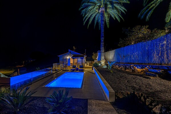 A nighttime view of a pool area with a house, palm trees, and a stone wall.