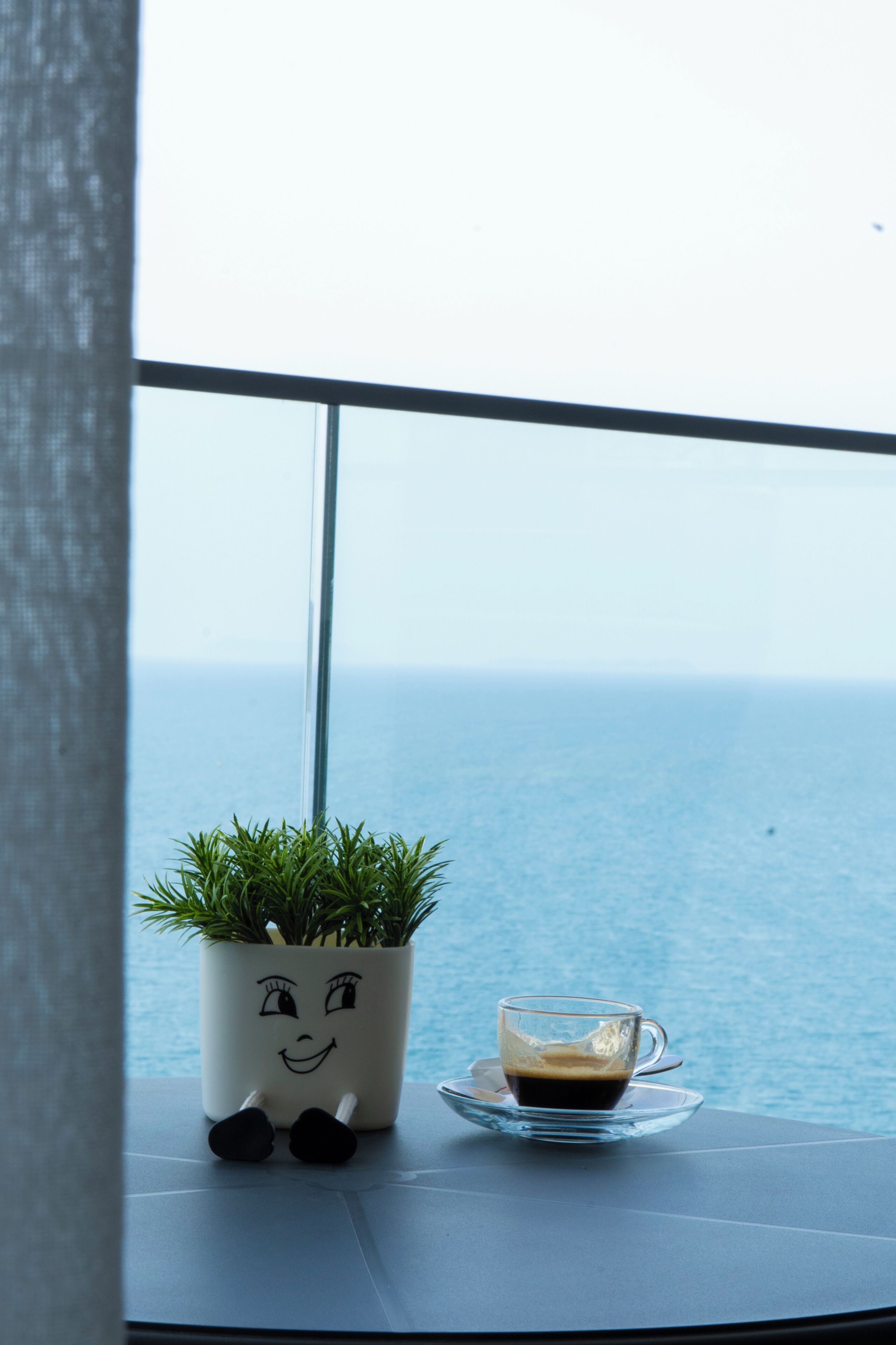 Una planta en maceta con rostro sobre una mesa de balcón junto a una taza de café.