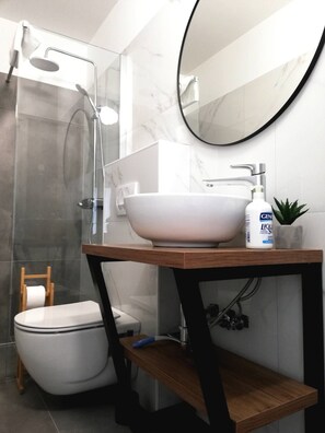 Dusche, Haartrockner, Handtücher, Seife