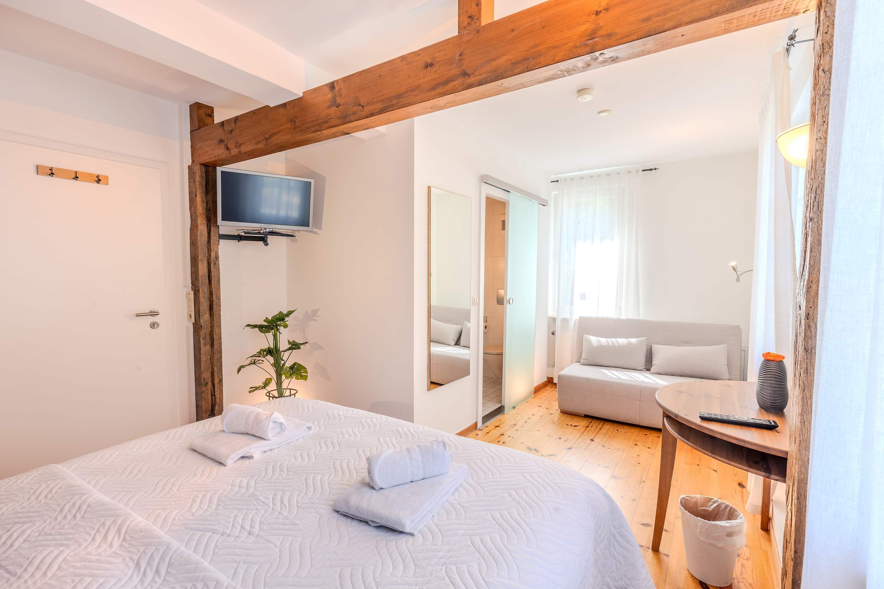 A hotel room with a bed, a TV, a plant, a sofa, and a table with a remote control.