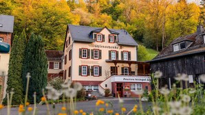 Un edificio tradicional con un letrero que dice 'Pension Weingut Ja'.