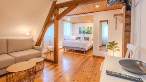 Un dormitorio moderno con techo de madera, una cama, un televisor y un sofá.