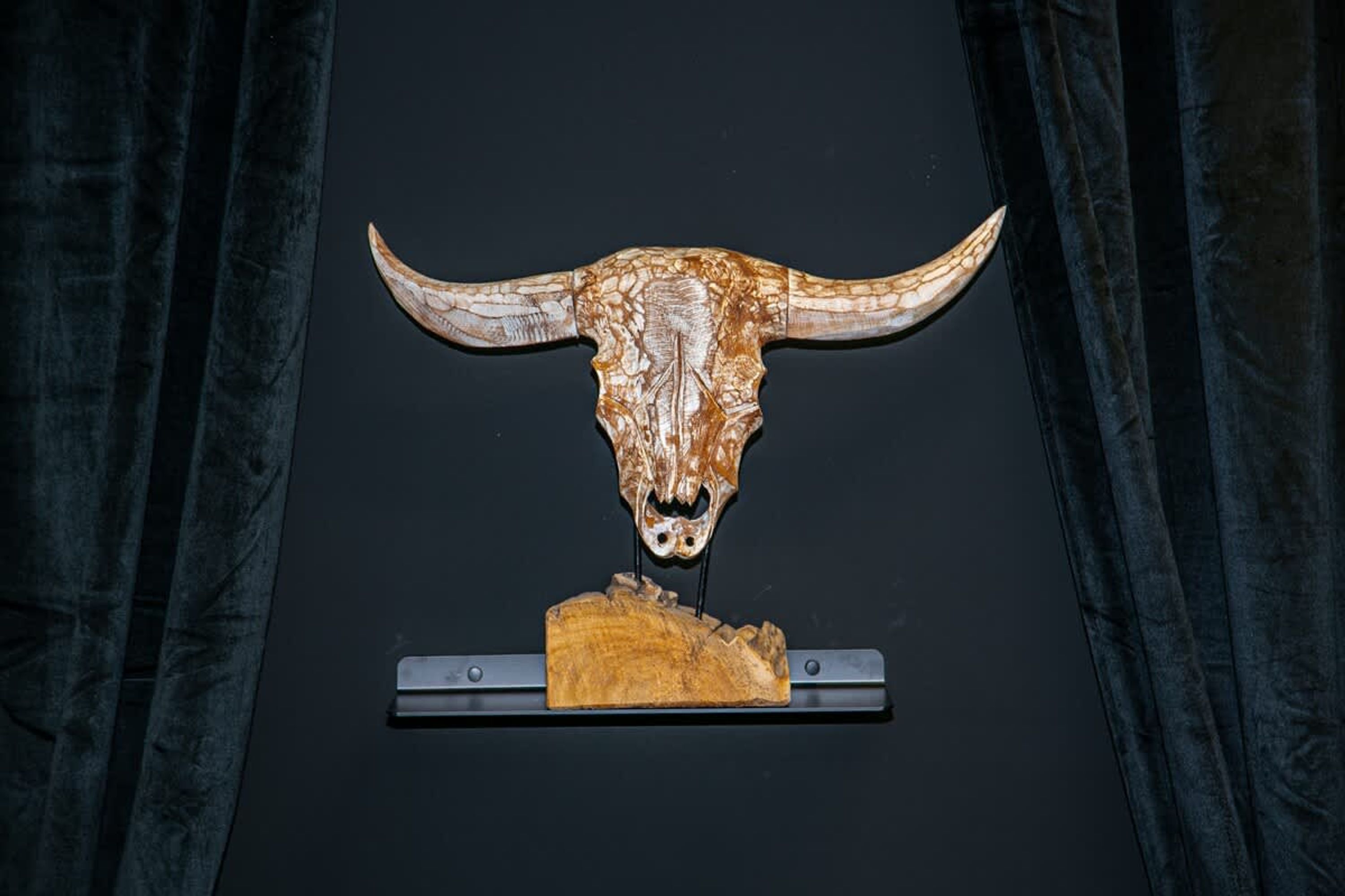 A mounted bull skull with horns, mounted on a wooden base, against a dark background.