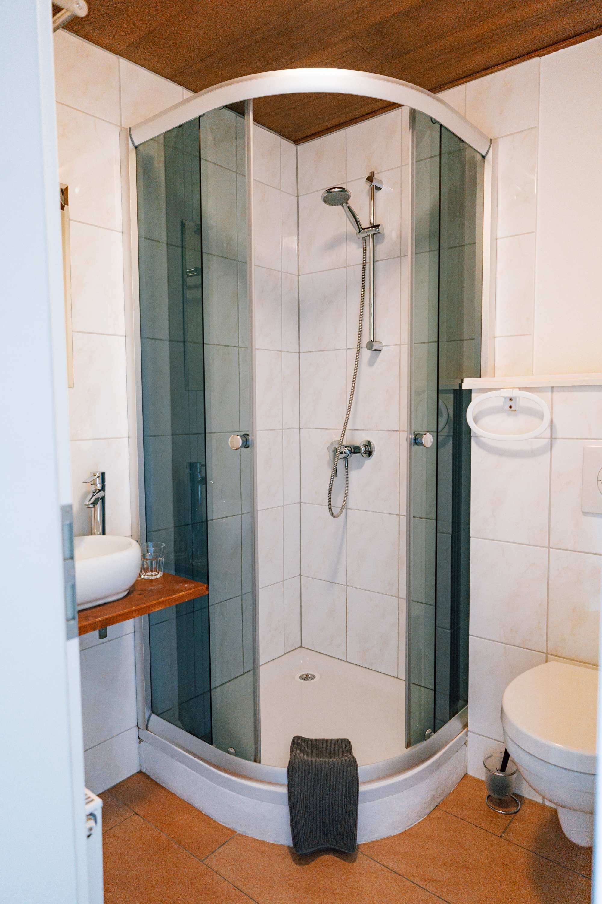 A corner shower with glass doors, a white sink, and a toilet.