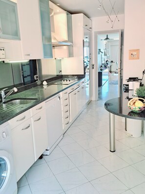 A modern kitchen with white cabinetry, a granite countertop, and a stainless steel sink. - MONACO Fantastic seaview - 2 bedrooms- 110m² - AC (Roquebrune Cap Martin)