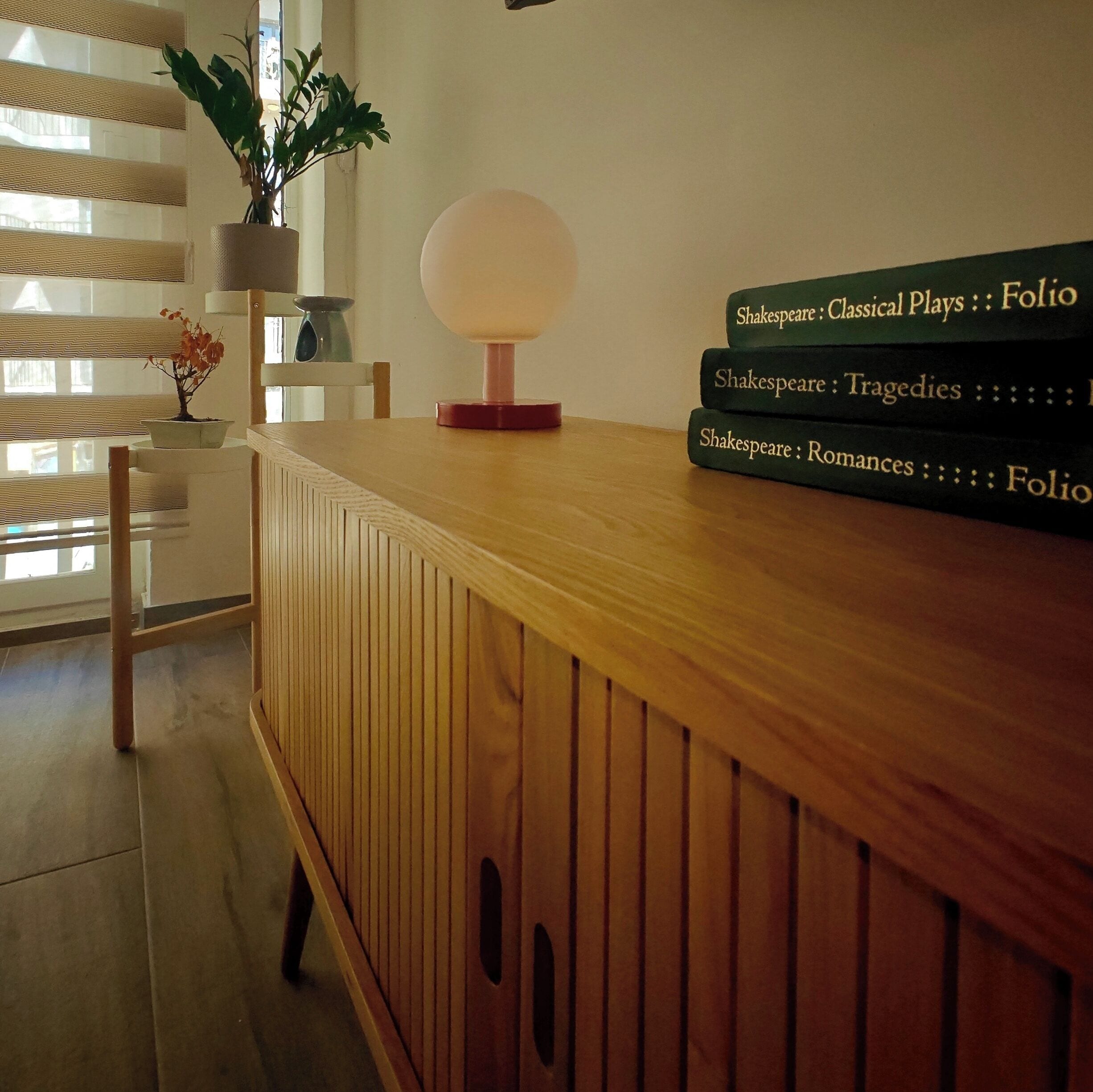 A wooden desk with a globe lamp, a potted plant, and three books titled 'Shakespeare: Classical Plays,' 'Shakespeare: Tragedies,' and 'Shakespeare: Romances.'