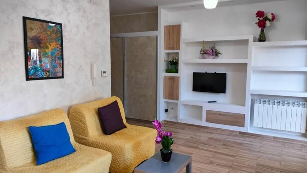 A modern living room with a sofa, a coffee table, a TV, and a fireplace.