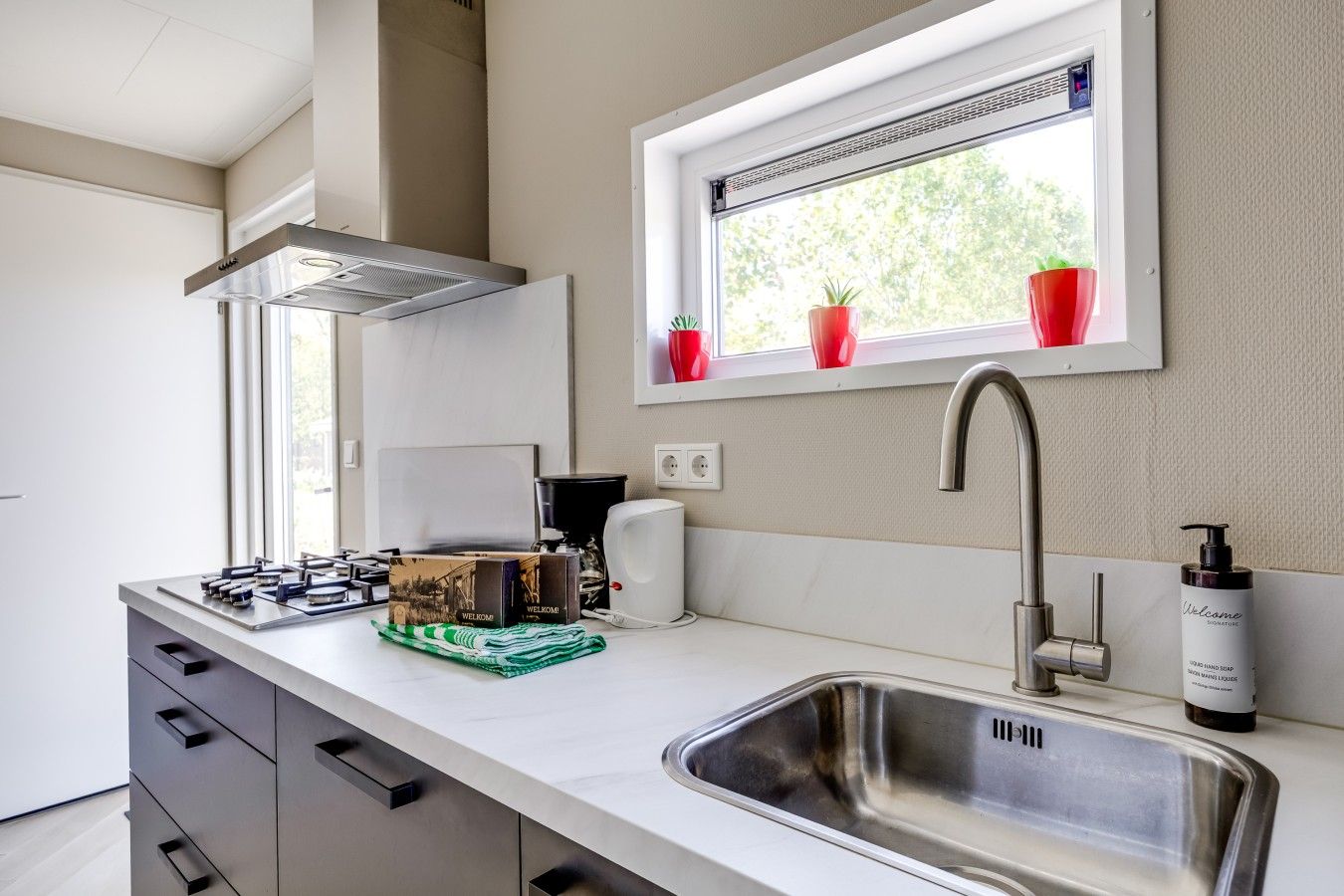 A modern kitchen with a stainless steel sink, a window with red potted plants, and a welcome bottle.