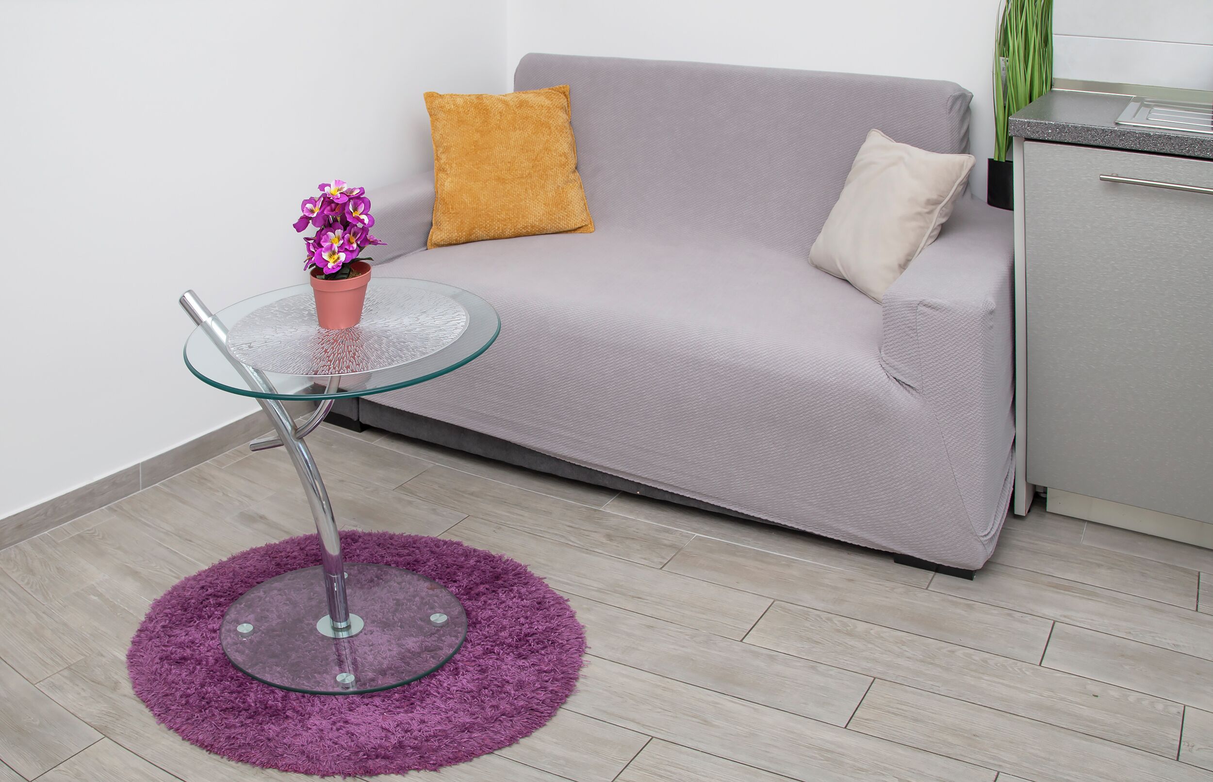 Ein modernes Wohnzimmer mit einem grauen Sofa, einem Glastisch und einem violetten Teppich. Eine Topfpflanze steht ebenfalls im Raum.