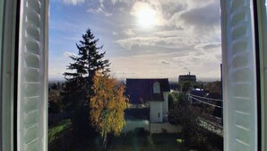 Une vue à travers une fenêtre, avec un ciel dégagé, un arbre et un bâtiment en arrière-plan.