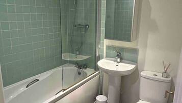 Shower, hair dryer, shampoo
