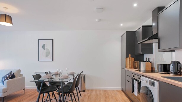 Una cucina moderna con lavatrice integrata, una zona pranzo con tavolo in vetro e un divano grigio.