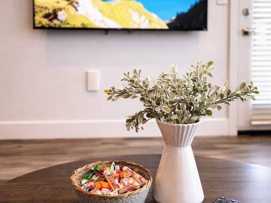 A dining table with a bowl of snacks, a vase with greenery, and a remote control.