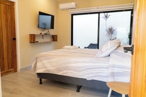 A bedroom with a bed, a TV, a window, and a plant. - Luxury 6BR Villa - Private Pool - Walk to Beach - Tamarindo (Tamarindo)