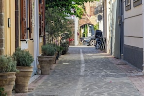 A narrow cobblestone street lined with potted plants and parked cars. - Niohori Little House (Rodos)
