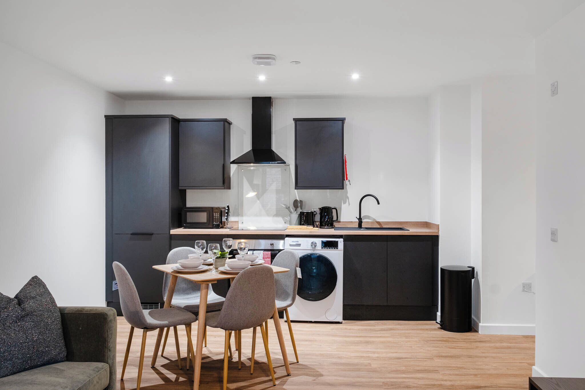 Fridge, microwave, stovetop, electric kettle