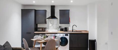 Fridge, microwave, stovetop, electric kettle