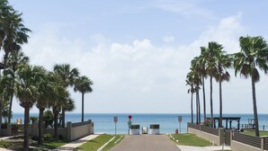 Ein Weg, der zu einem Strand mit Palmen und freiem Blick auf das Meer führt.