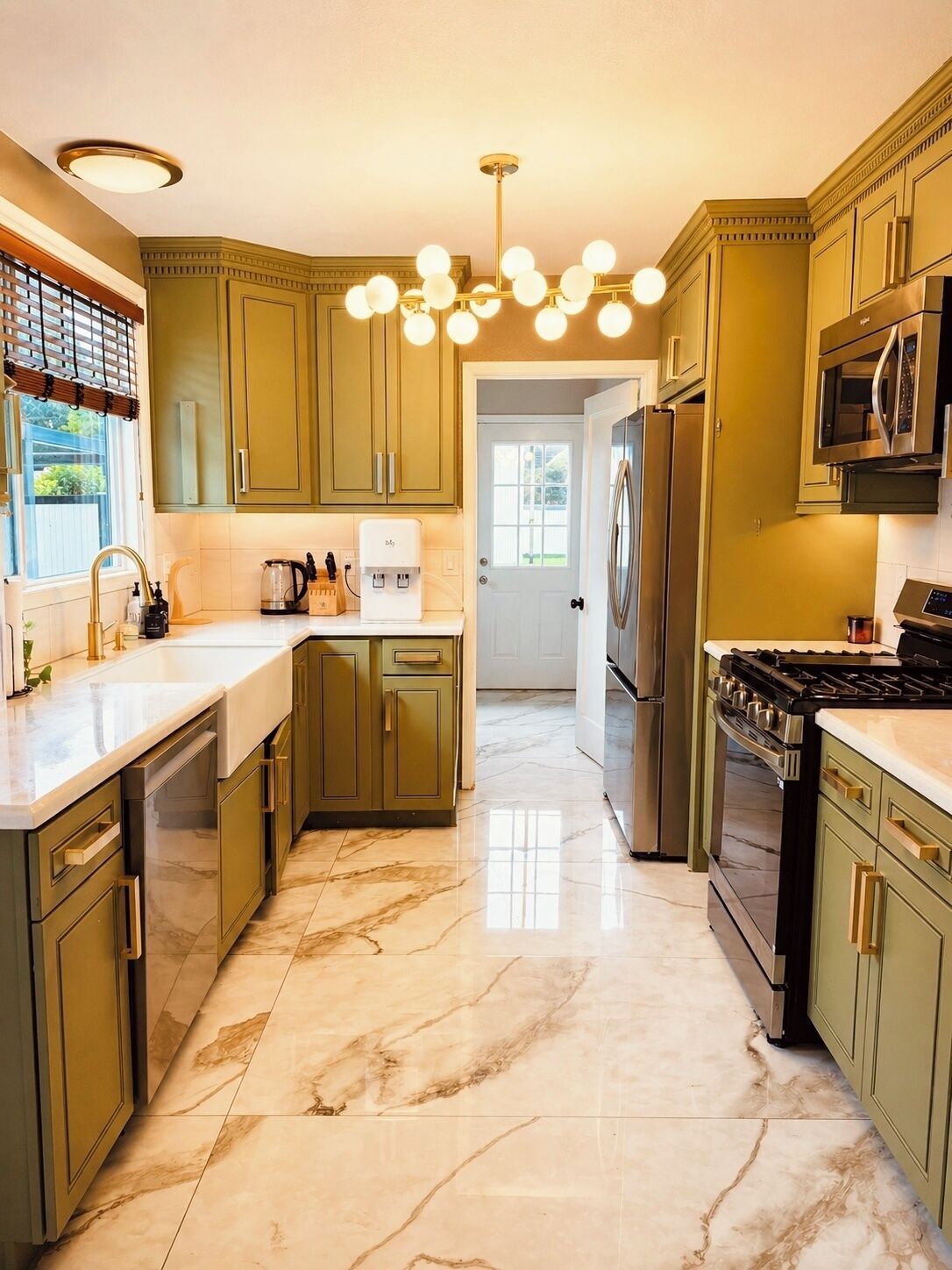 A kitchen with marble flooring, stainless steel appliances, and green cabinetry.