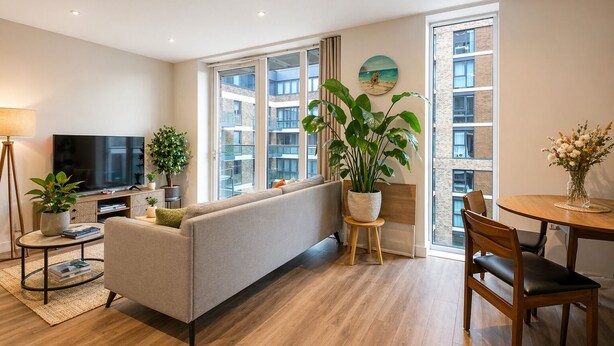 A modern living room with a sofa, TV, dining table, chairs, and large windows. - Modern Riverside Apartment | Balcony | Elizabeth Line (London)
