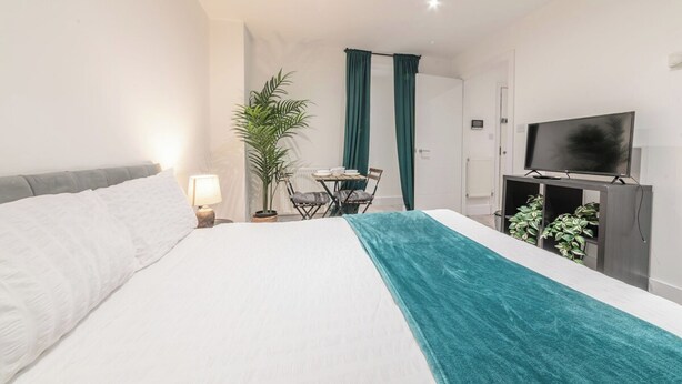 Ein Hotelzimmer mit einem Bett, einem Schreibtisch mit Stuhl, einem Fernseher und einer Zimmerpflanze.