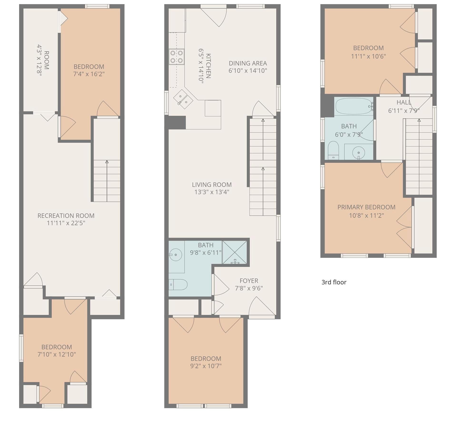 A 3D floor plan of a 3rd floor apartment with a living room, dining area, kitchen, two bedrooms, a bathroom, and a recreation room.