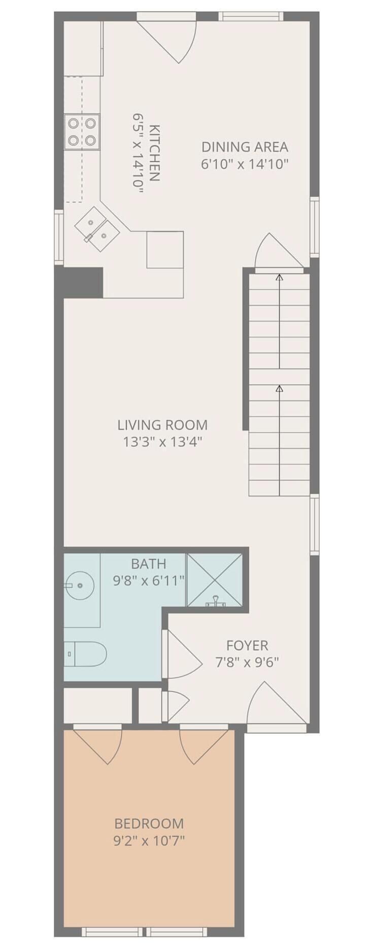 A floor plan with a kitchen measuring 6'10' x 14'10', a dining area of the same size, a living room at 13'3' x 13'4', a bathroom at 9'8' x 6'11', a foyer at 7'8' x 9'6', and a bedroom at 9'2' x 10'7'.
