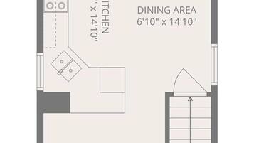 A floor plan with a kitchen measuring 6'10' x 14'10', a dining area of the same size, a living room at 13'3' x 13'4', a bathroom at 9'8' x 6'11', a foyer at 7'8' x 9'6', and a bedroom at 9'2' x 10'7'.