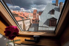 Blick durch ein Oberlicht auf eine Stadtansicht mit traditioneller Architektur und einem modernen Bauwerk.