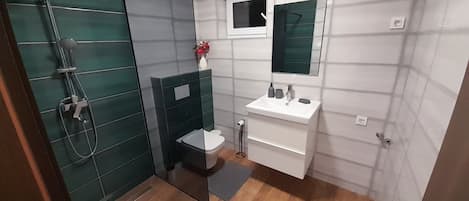 Shower, hair dryer, towels