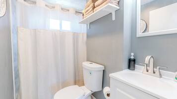 Hair dryer, towels, soap, toilet paper
