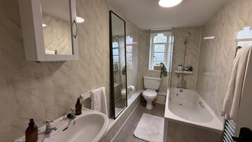 Combined shower/bathtub, deep-soaking bathtub, hair dryer, towels