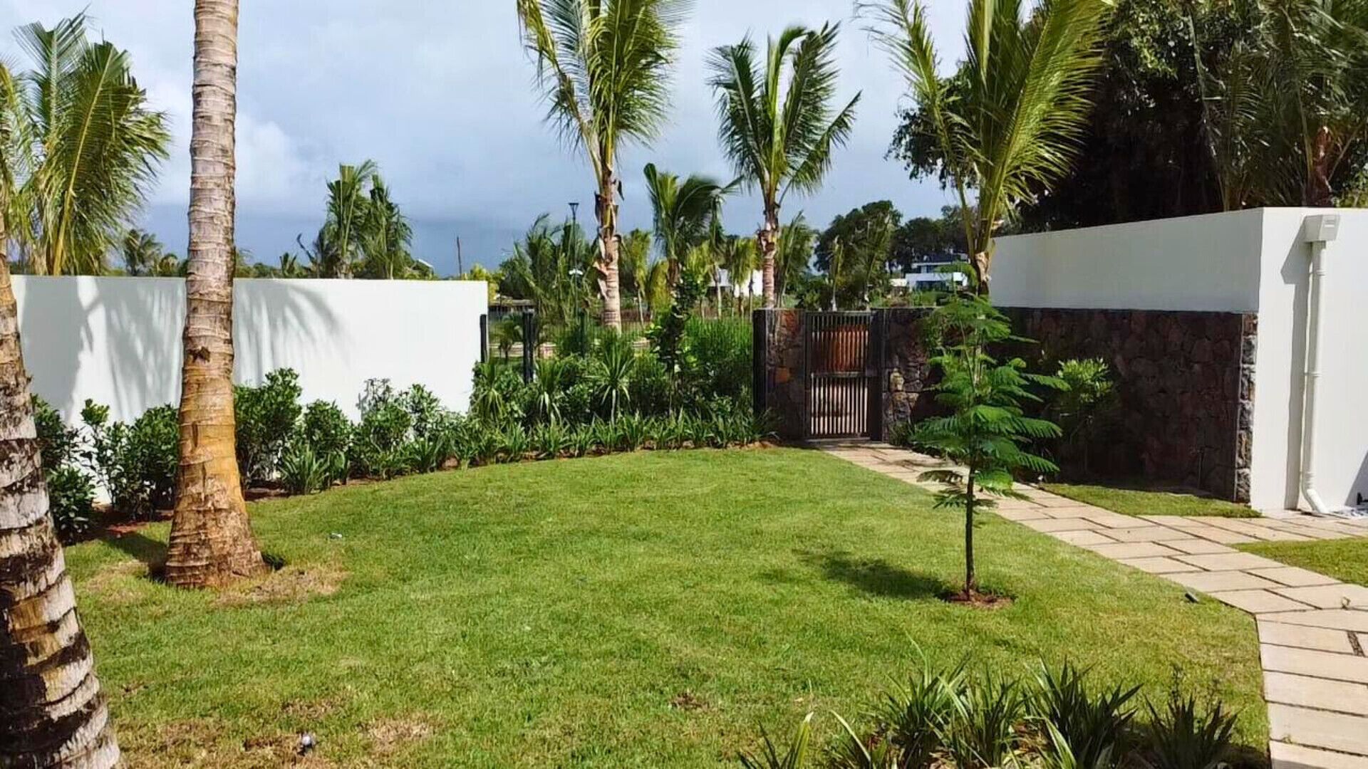 Un jardín bien cuidado con palmeras, césped y un muro de piedra.