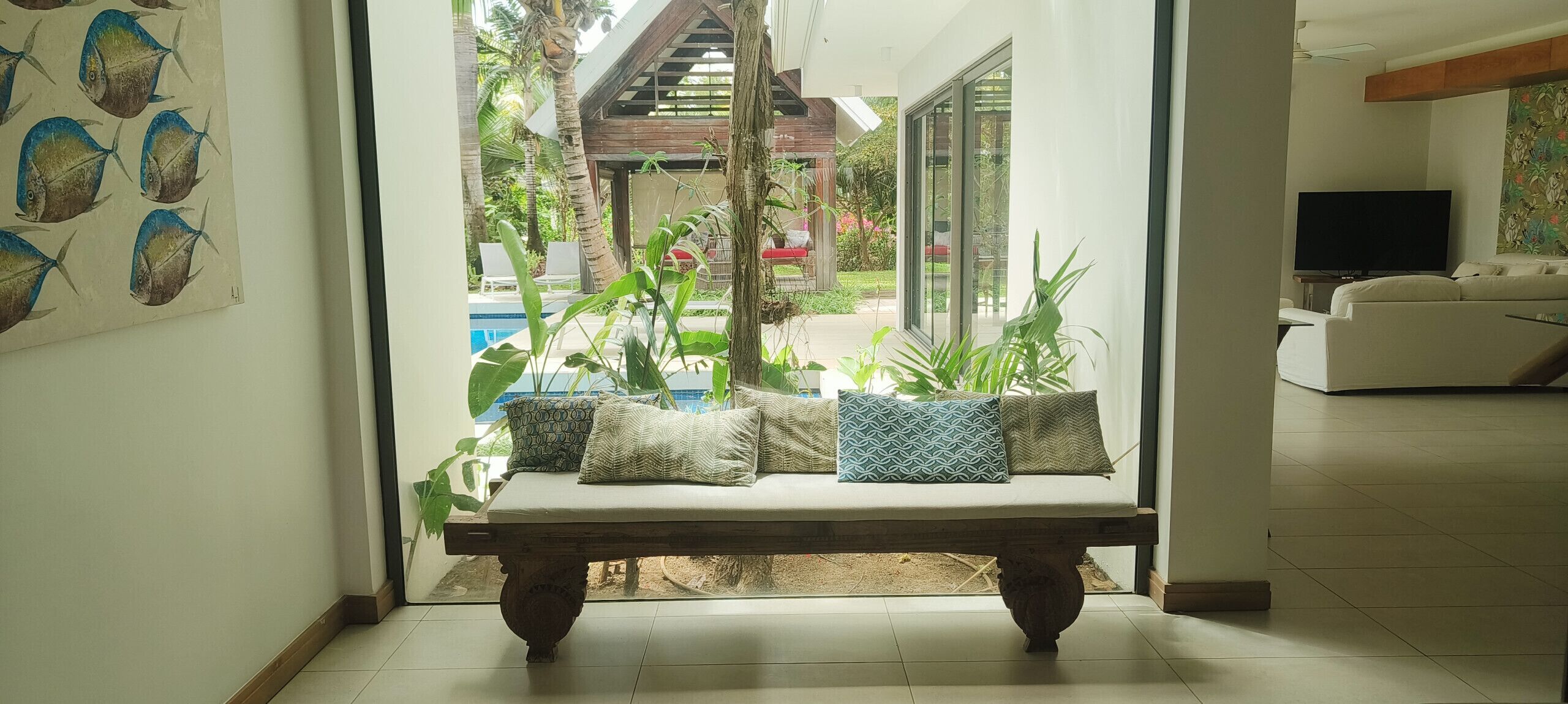 Un banco con cojines, un televisor y vistas a un espacio exterior con plantas y una piscina.