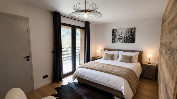 Un dormitorio con una cama, dos mesitas de noche con lámparas, un ventanal con cortinas, piso de madera y un tapete de cuero de vaca.