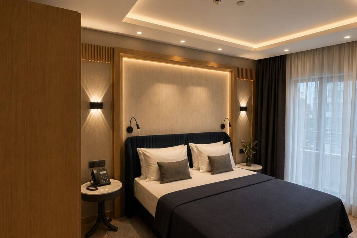 A modern hotel room with a large bed, bedside lamps, a small table, and a phone on the side table.