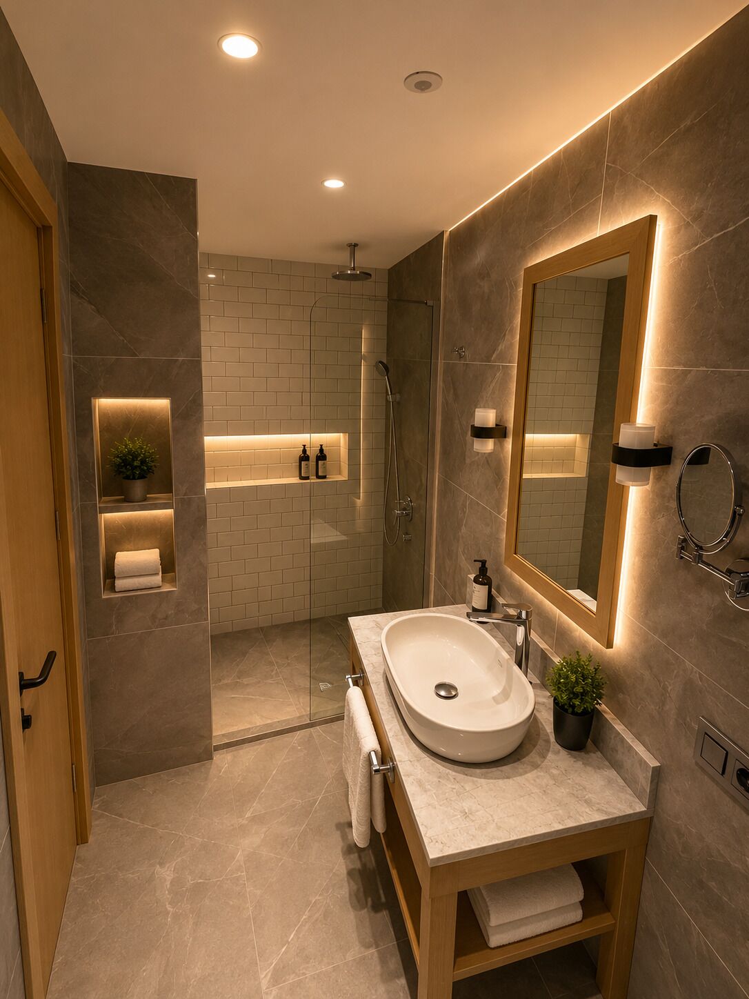 Un baño moderno con un espejo grande, un lavamanos y una ducha.