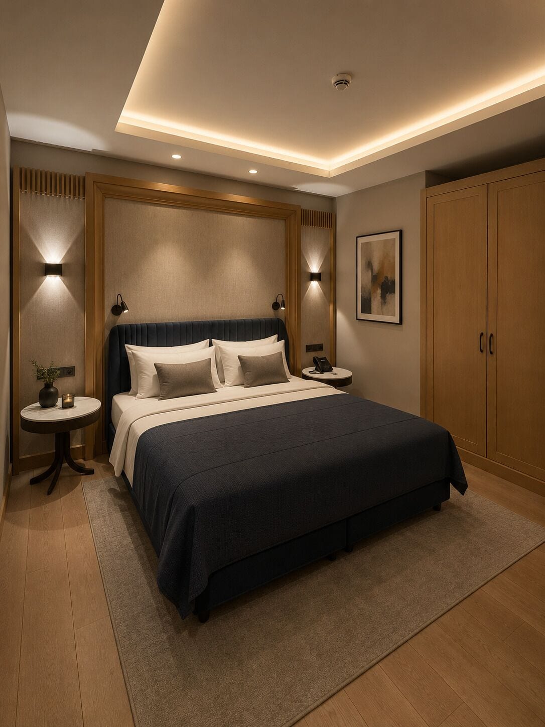 A modern bedroom with a large bed, bedside tables, a nightstand, a wall-mounted light, a ceiling light, and a wooden wardrobe.
