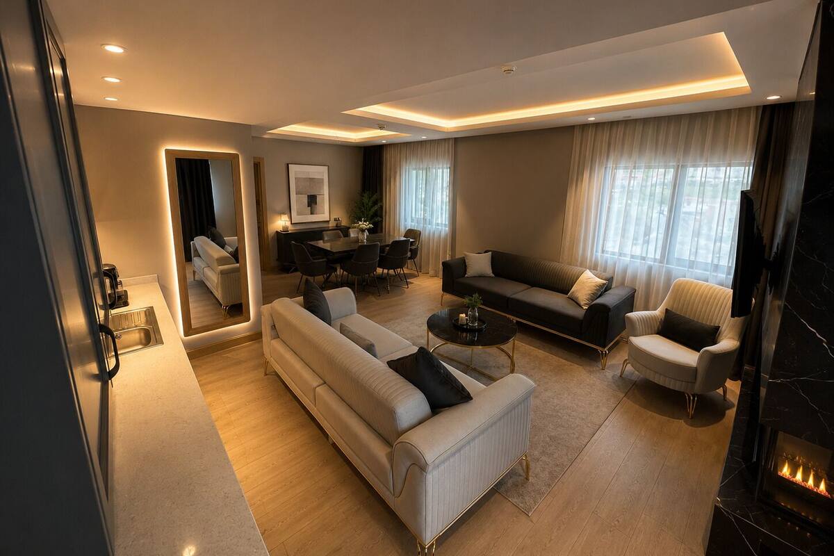 A modern living room with a sofa, armchair, coffee table, and a fireplace.