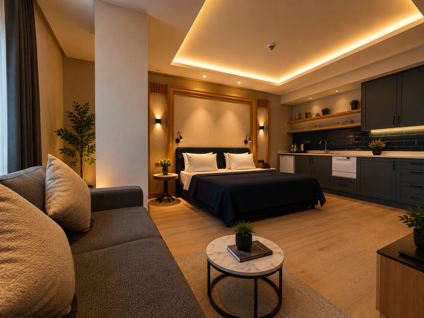 Een moderne hotelkamer met een bed, een slaapbank, een klein rond tafeltje, een kitchenette en een badkamer.