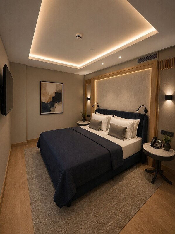 华丽套房, 城市景观 | 高档床上用品、Select Comfort 床、办公桌、笔记本电脑工作区